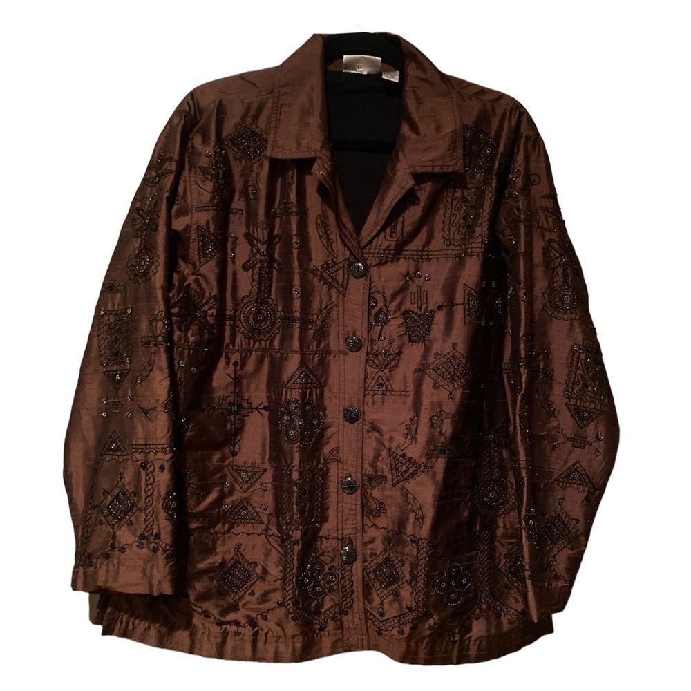 Chico’s Design 100% Silk Embroidery Blazer Jacket Size 2 (Large) Brown Beaded